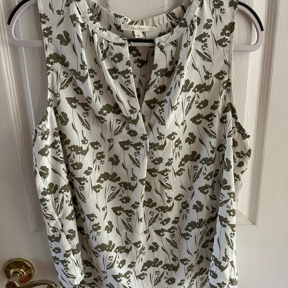 Floral Sleeveless Top - Green and White